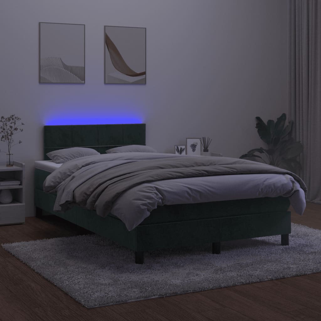 Cama box spring com colchão e luzes LED veludo verde-escuro