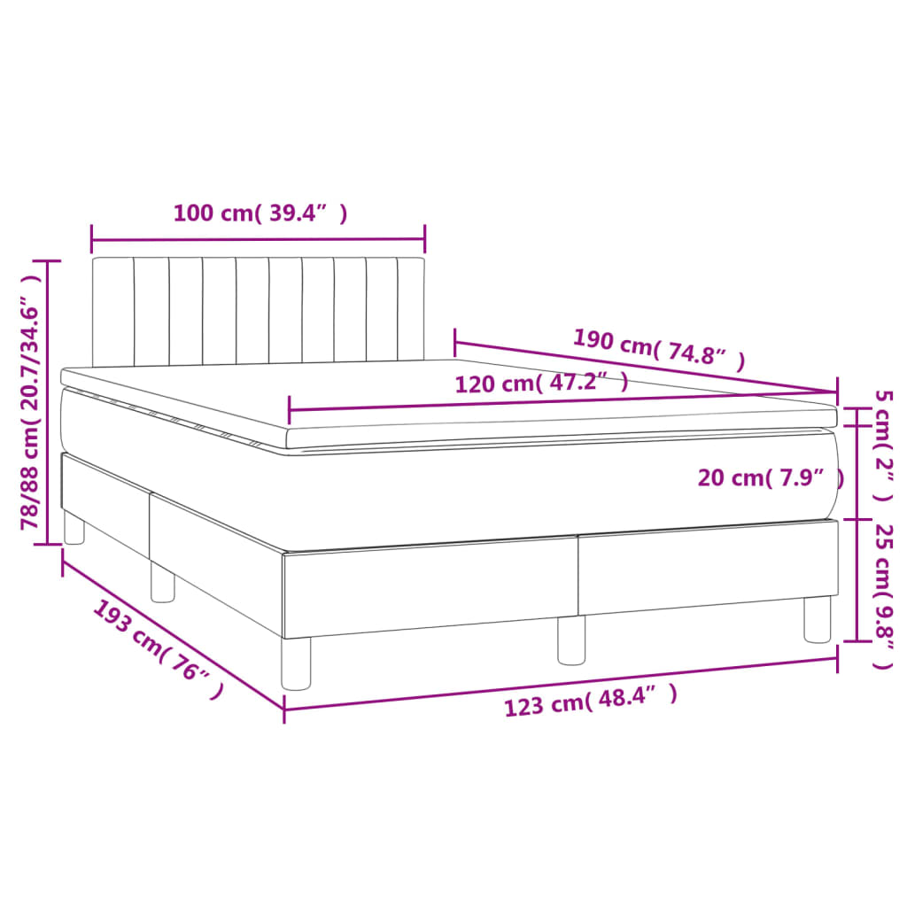 Cama box spring colchão LED 120x190 cm couro artif. cinza-claro