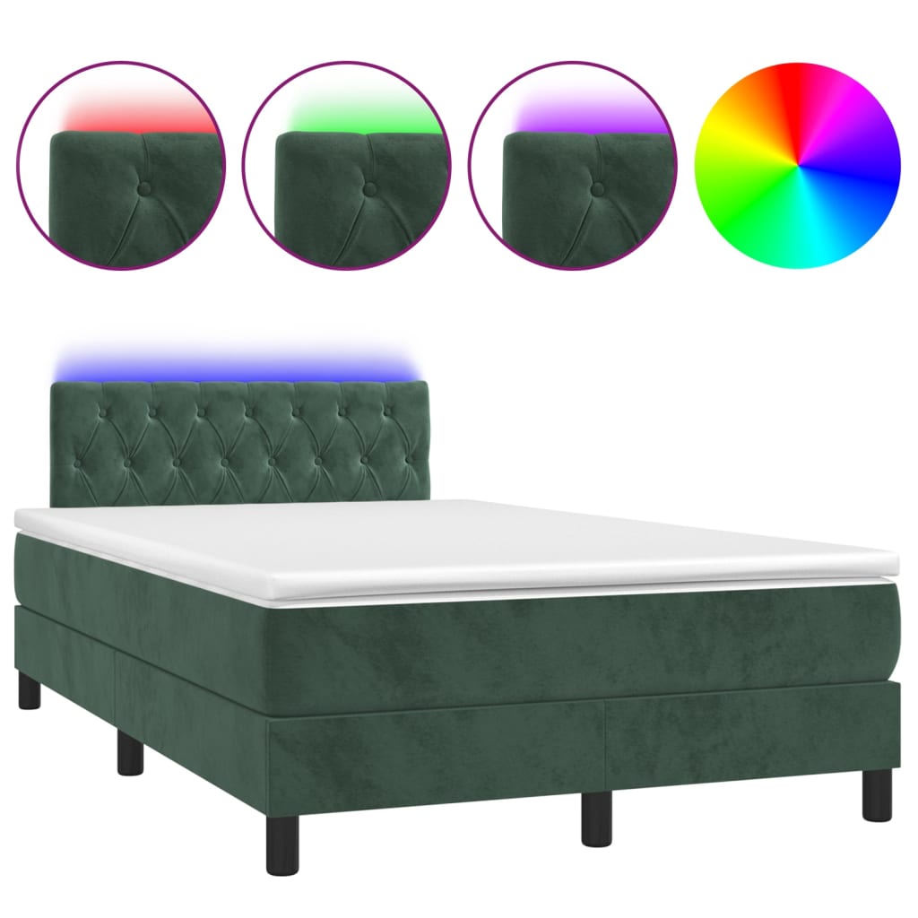 Cama box spring com colchão e luzes LED veludo verde-escuro