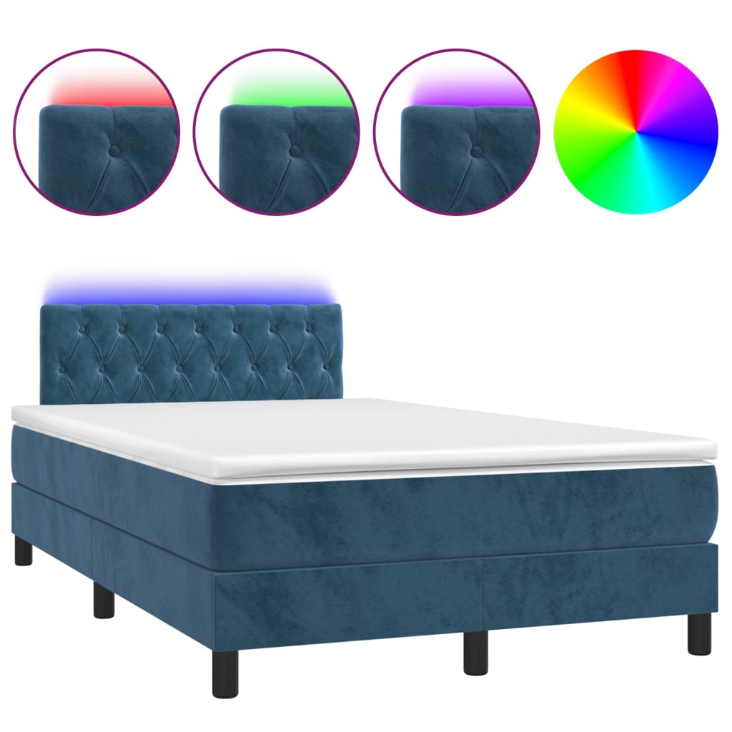 Cama box spring colchão LED 120x190cm couro artif. azul-escuro