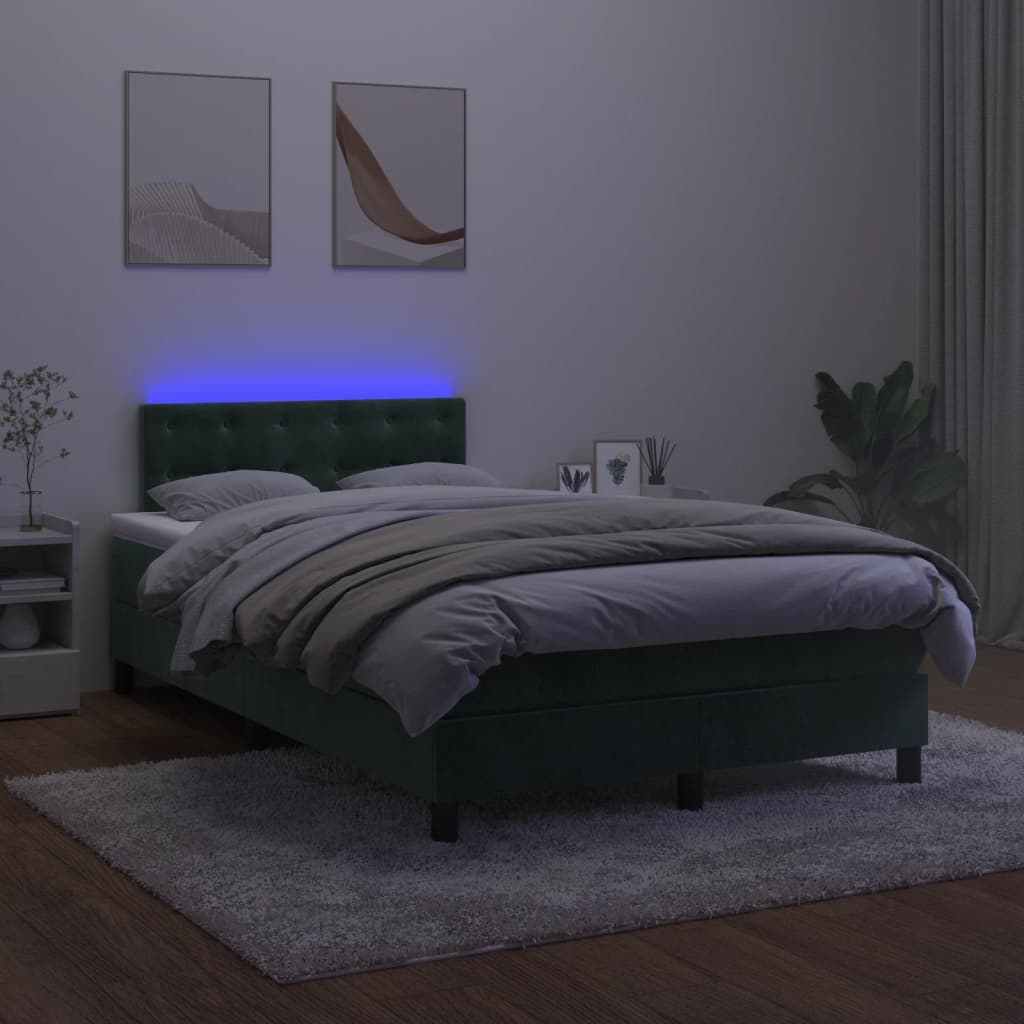 Cama box spring com colchão e luzes LED veludo verde-escuro