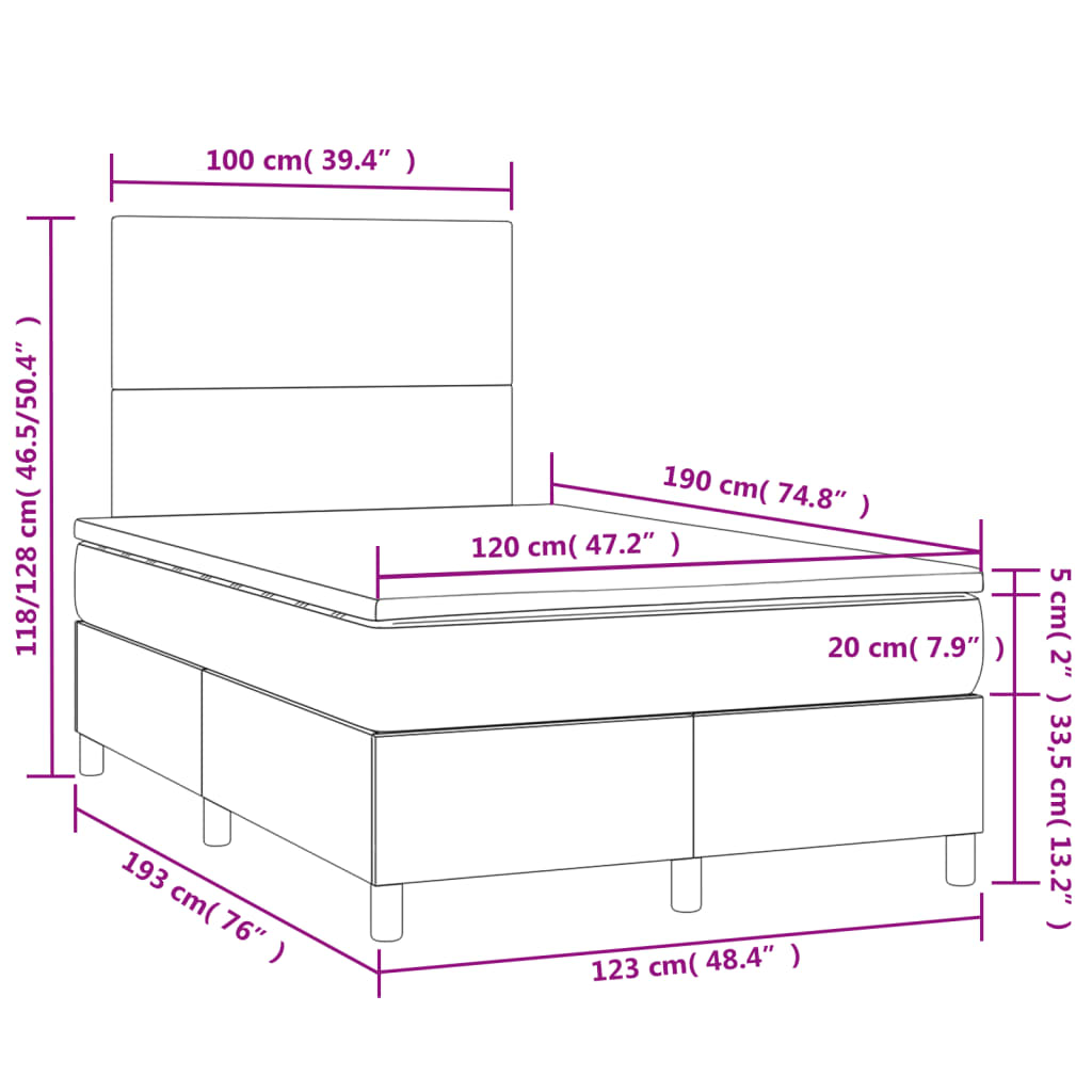 Cama box spring c/ colchão e LED 120x190 cm tecido cinza-escuro