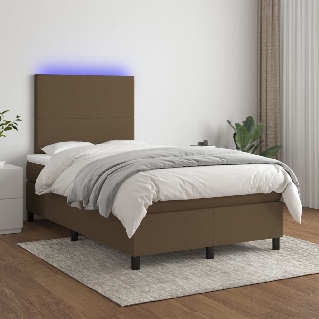 Cama box spring c/ colchão/LED 120x190cm tecido castanho-escuro