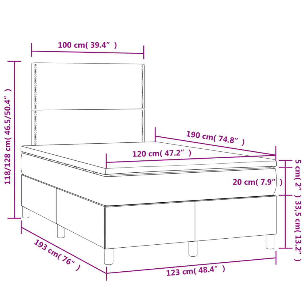 Cama box spring c/ colchão e LED 120x190 cm tecido cinza-claro