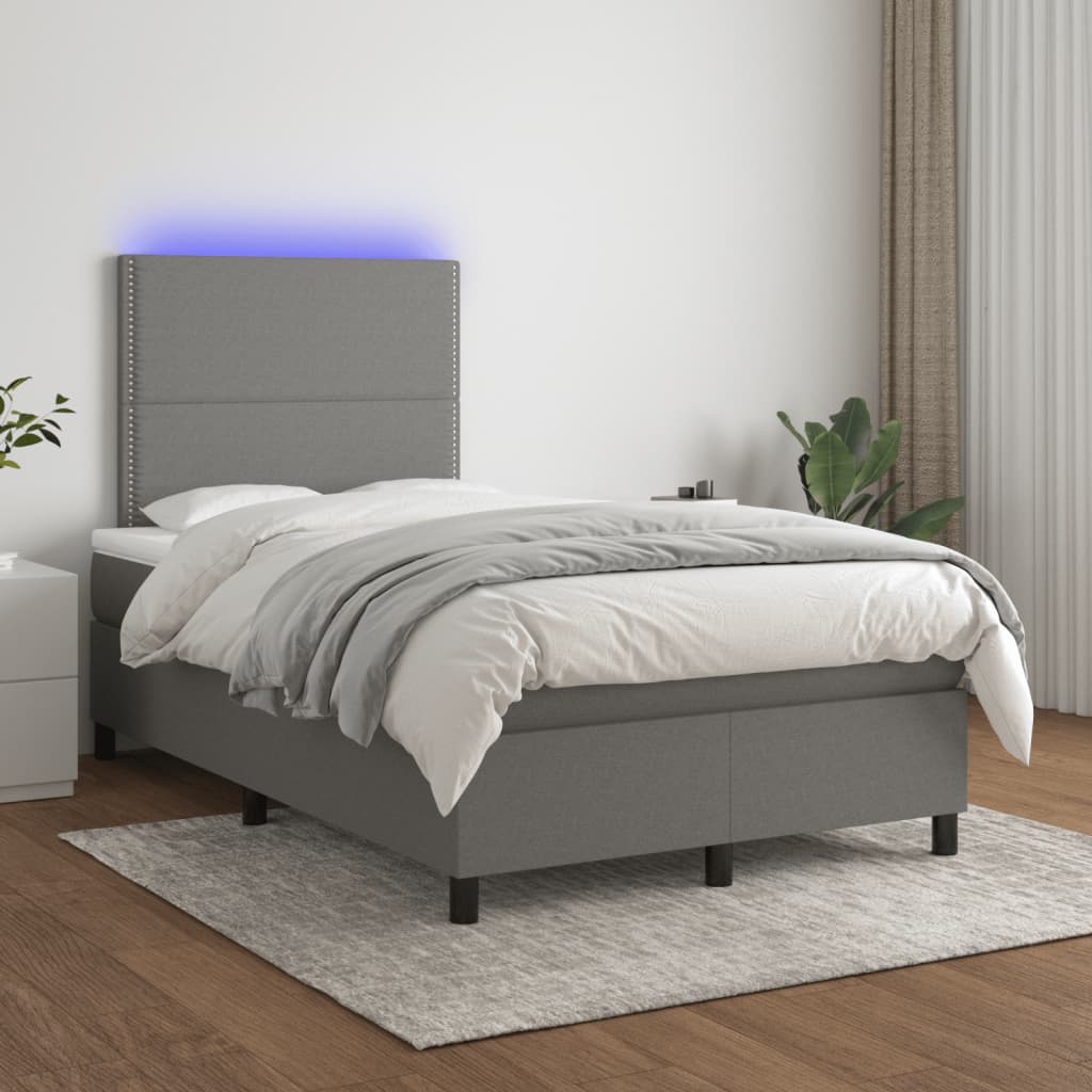 Cama box spring c/ colchão e LED 120x190 cm tecido cinza-escuro