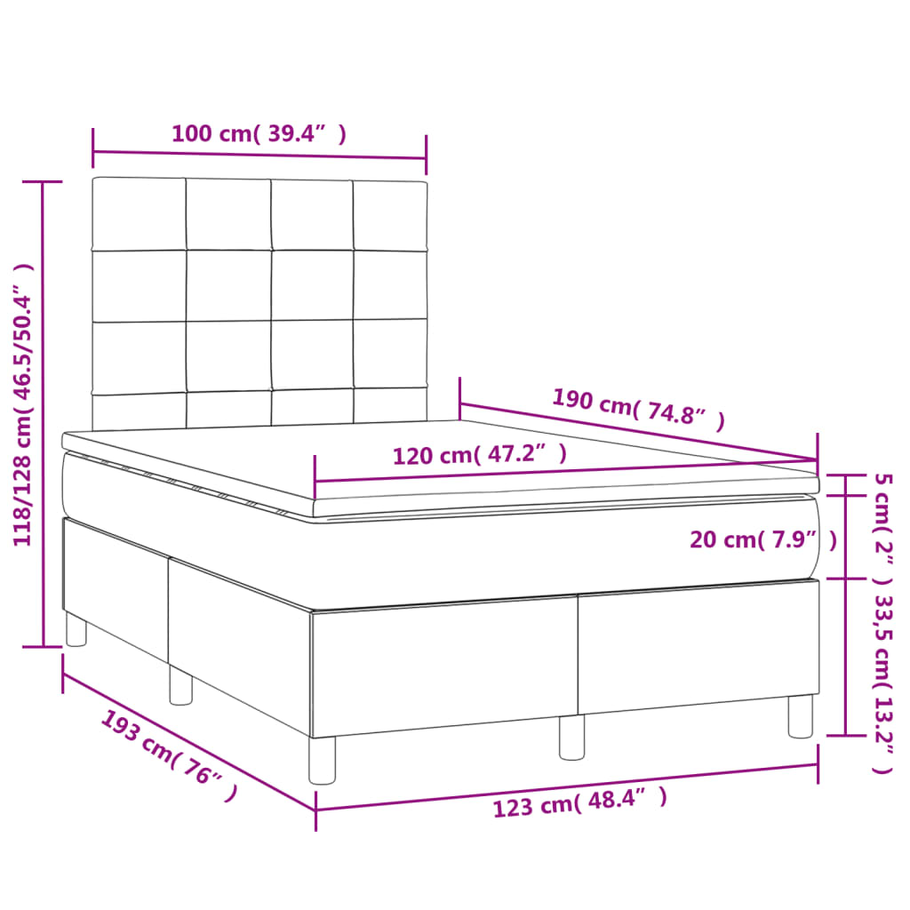 Cama box spring c/ colchão e LED 120x190 cm tecido cinza-claro