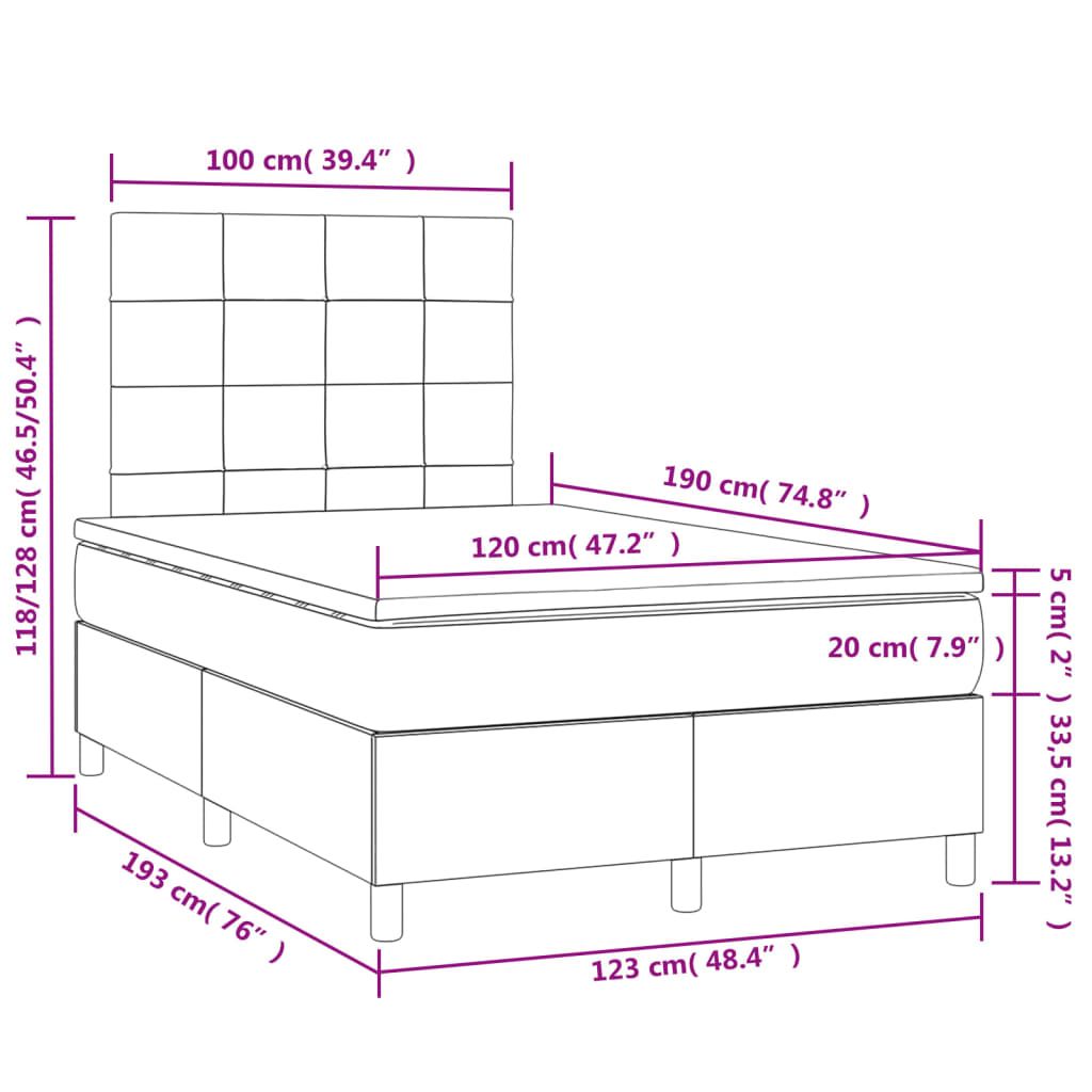 Cama box spring c/ colchão e LED 120x190 cm tecido preto