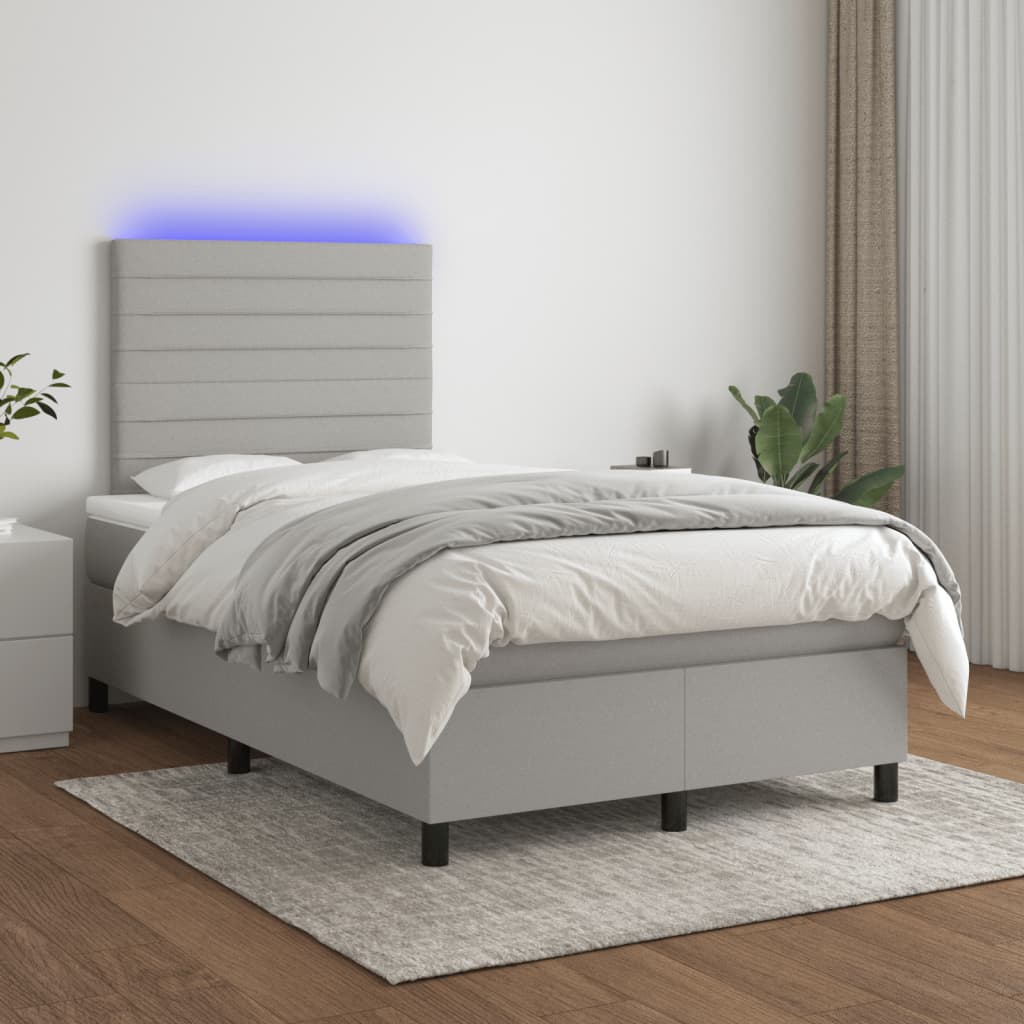 Cama box spring c/ colchão e LED 120x190 cm tecido cinza-claro