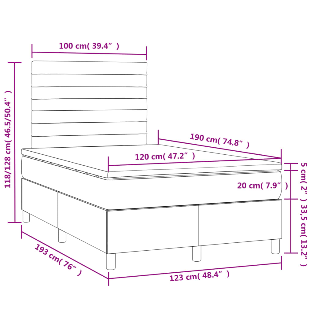 Cama box spring c/ colchão e LED 120x190 cm tecido cinza-claro