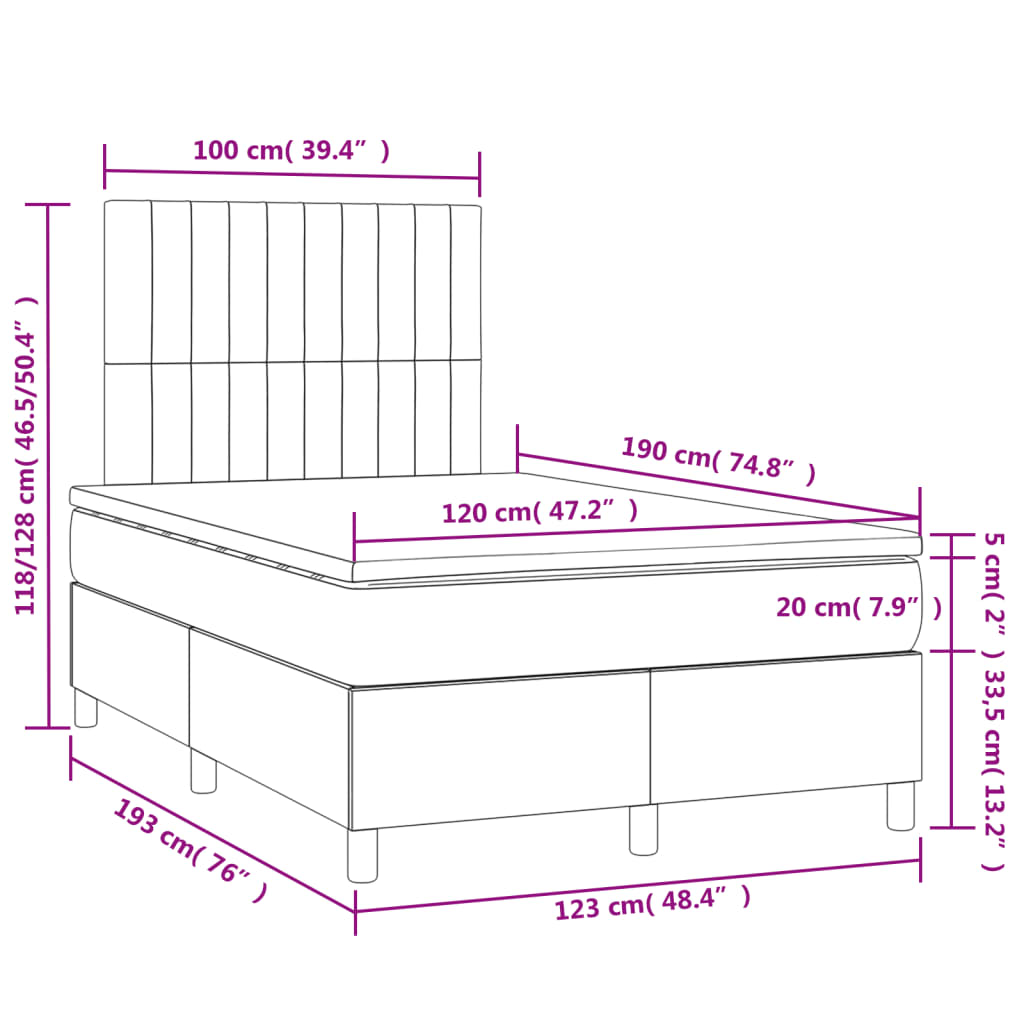 Cama box spring colchão/LED 120x190cm tecido cinza-acastanhado