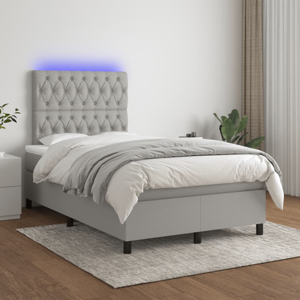 Cama box spring c/ colchão e LED 120x190 cm tecido cinza-claro