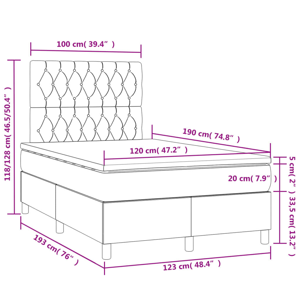 Cama box spring c/ colchão e LED 120x190 cm tecido cinza-escuro