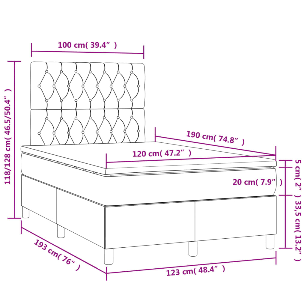 Cama box spring c/ colchão/LED 120x190cm tecido castanho-escuro