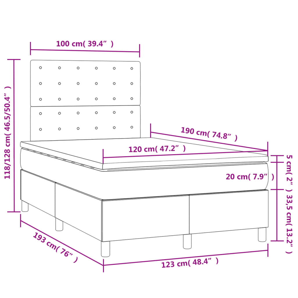 Cama box spring c/ colchão e LED 120x190 cm tecido cor creme