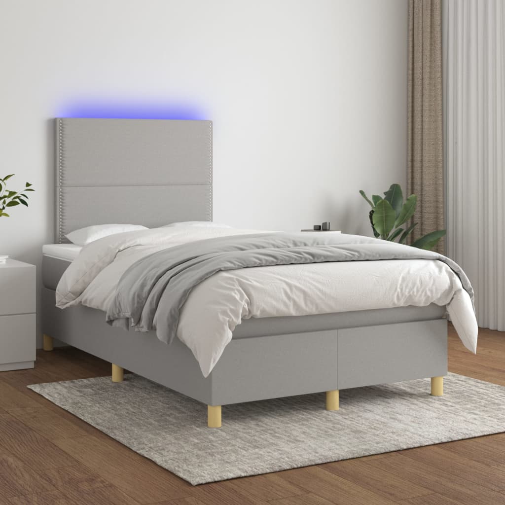 Cama box spring c/ colchão e LED 120x190 cm tecido cinza-claro