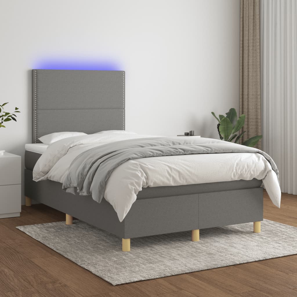 Cama box spring c/ colchão e LED 120x190 cm tecido cinza-escuro