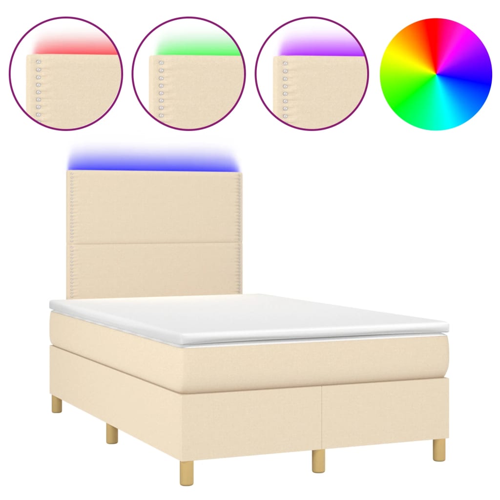 Cama box spring c/ colchão e LED 120x190 cm tecido cor creme