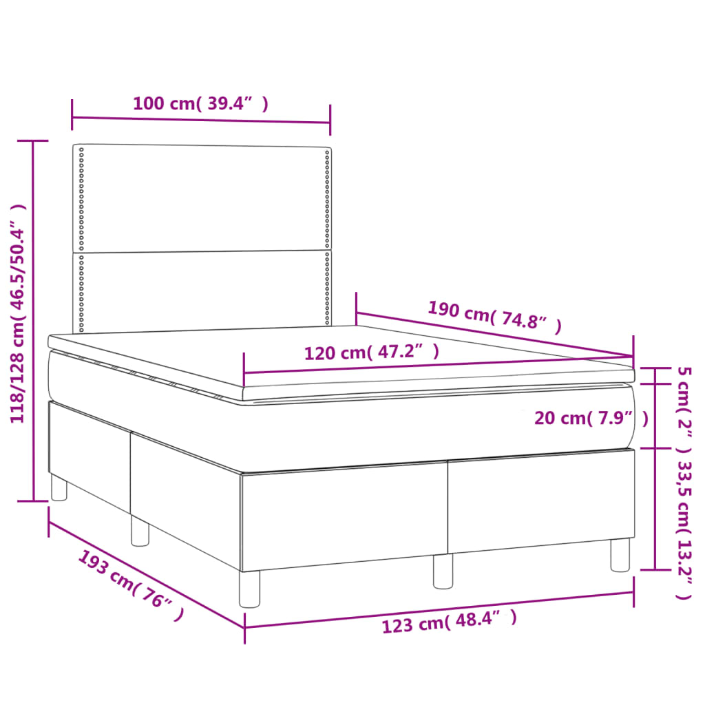 Cama box spring c/ colchão e LED 120x190 cm tecido azul