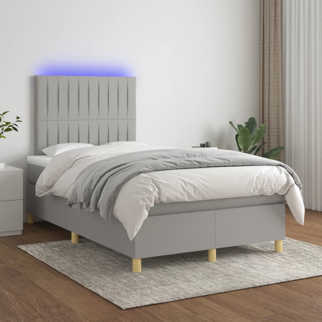 Cama box spring c/ colchão e LED 120x190 cm tecido cinza-claro