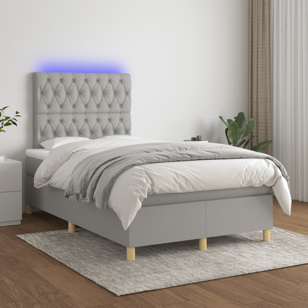 Cama box spring c/ colchão e LED 120x190 cm tecido cinza-claro