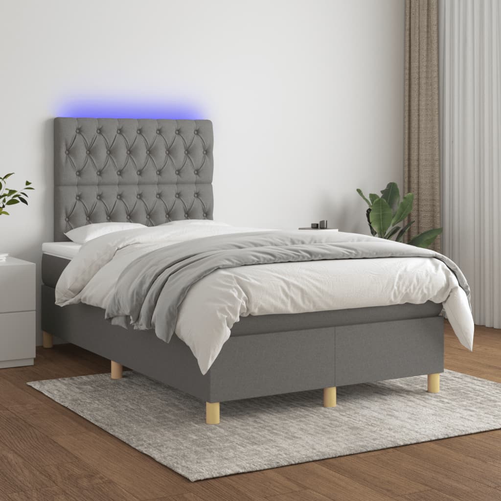 Cama box spring c/ colchão e LED 120x190 cm tecido cinza-escuro