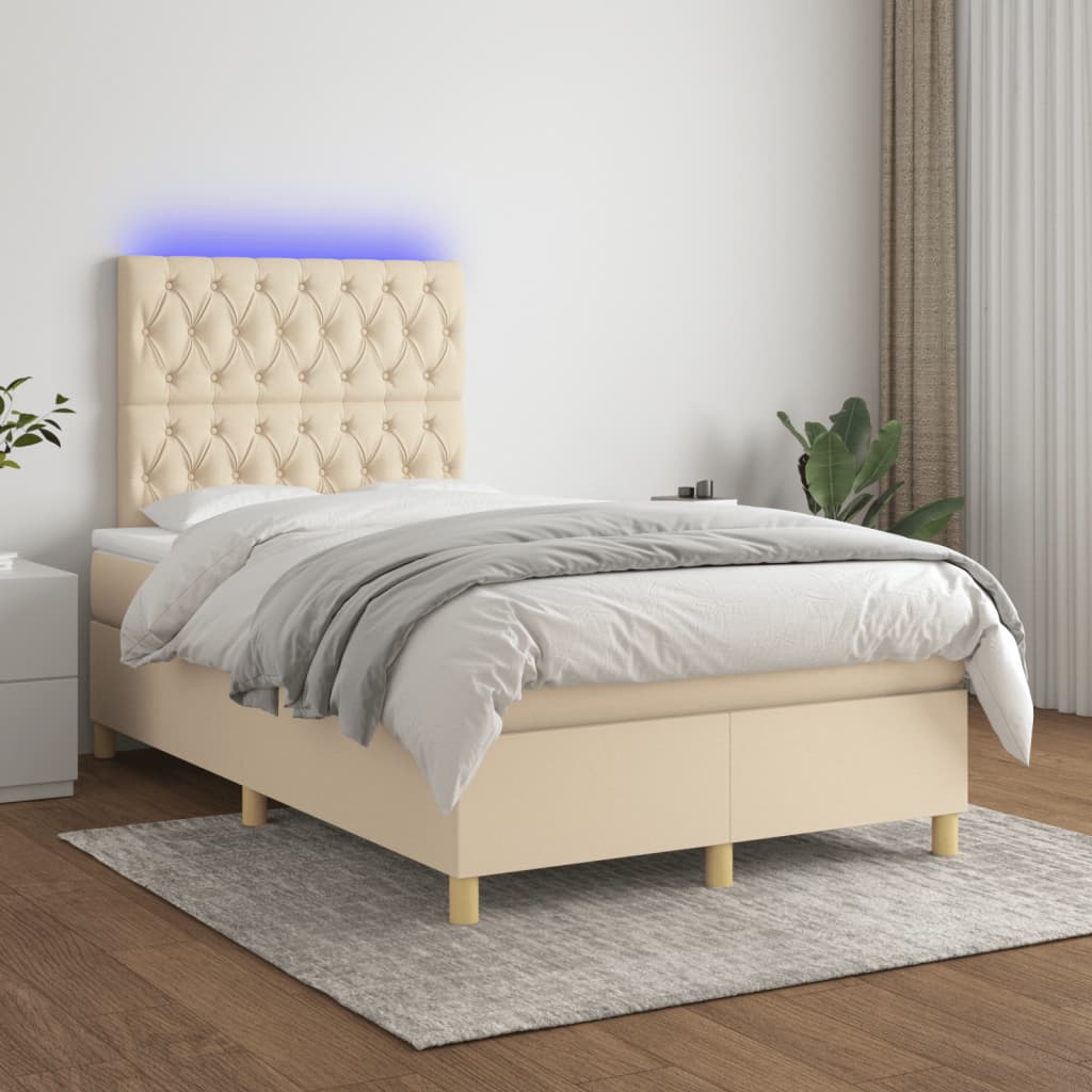 Cama box spring c/ colchão e LED 120x190 cm tecido cor creme