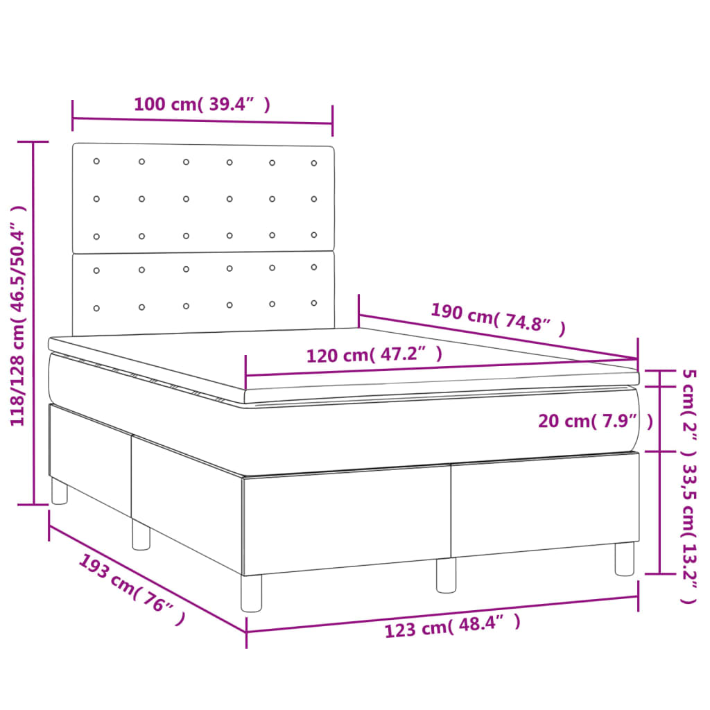 Cama box spring c/ colchão e LED 120x190 cm tecido cinza-escuro