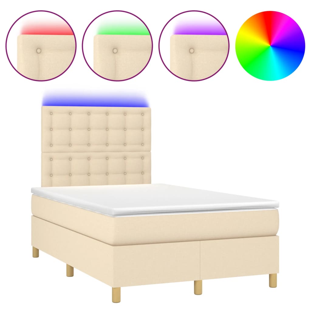 Cama box spring c/ colchão e LED 120x190 cm tecido cor creme