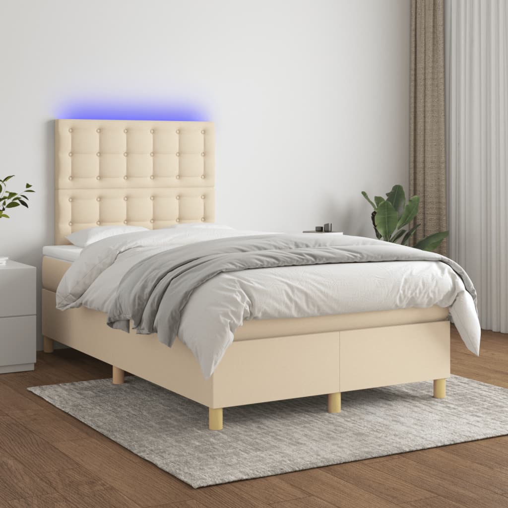 Cama box spring c/ colchão e LED 120x190 cm tecido cor creme