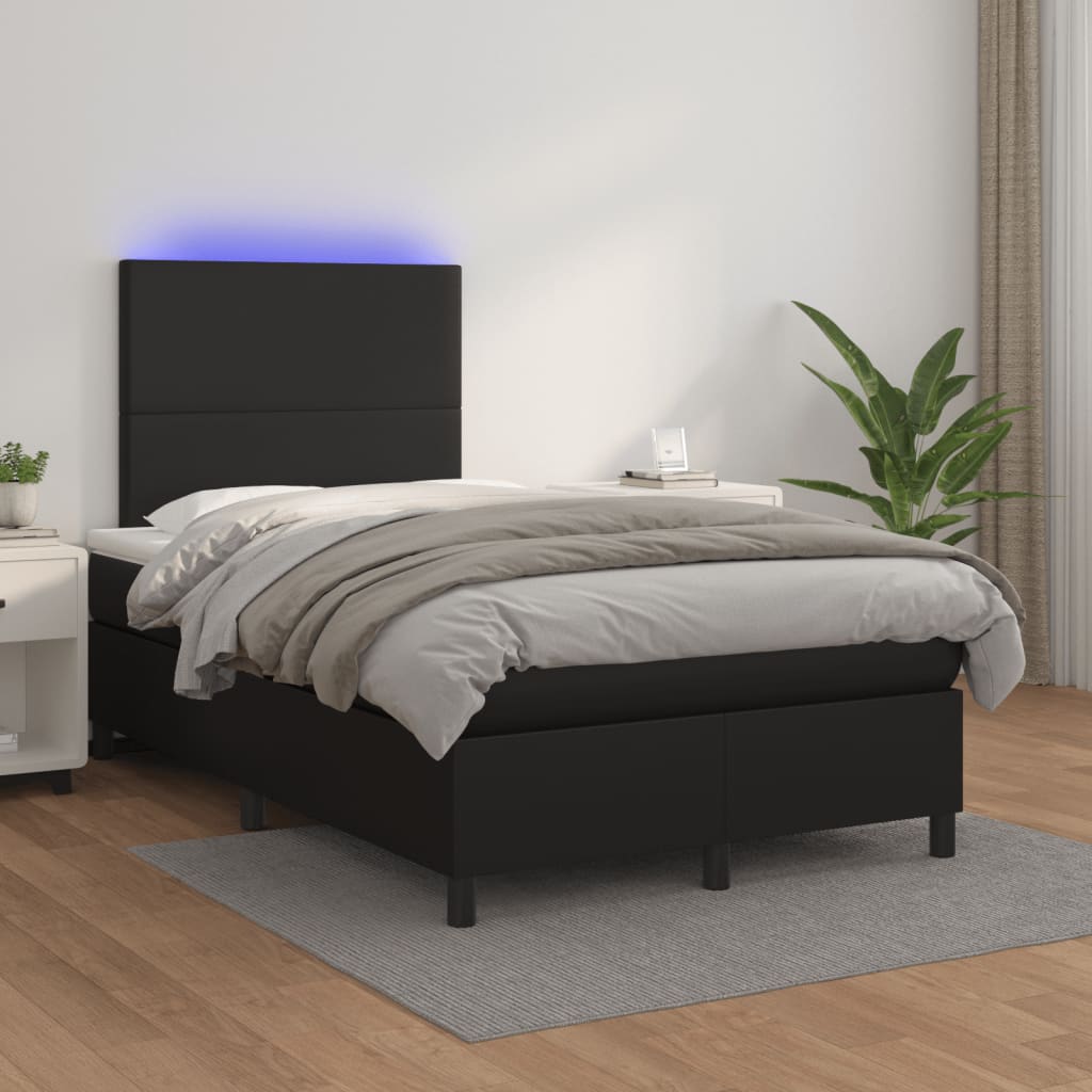 Cama box spring colchão e LED 120x190 cm couro artificial preto