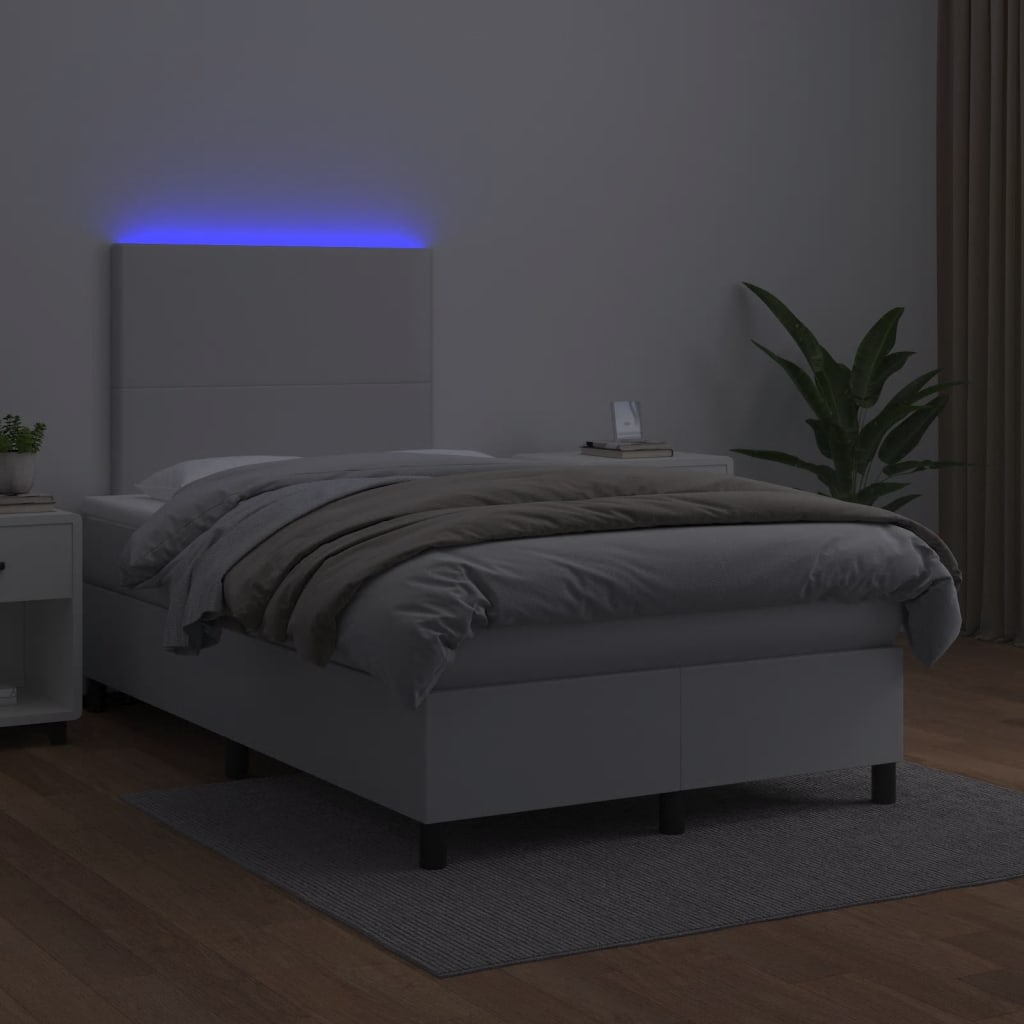 Cama box spring c/colchão/LED 120x190cm couro artificial branco