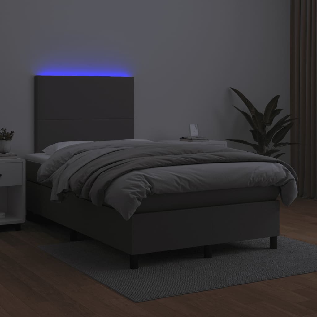 Cama box spring c/ colchão/LED 120x190cm couro artificial cinza