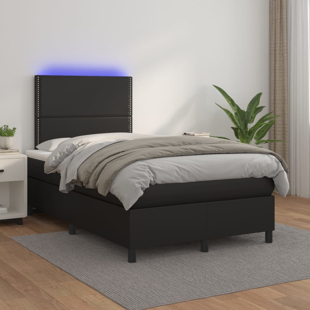 Cama box spring colchão e LED 120x190 cm couro artificial preto