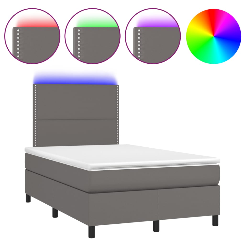 Cama box spring c/ colchão/LED 120x190cm couro artificial cinza