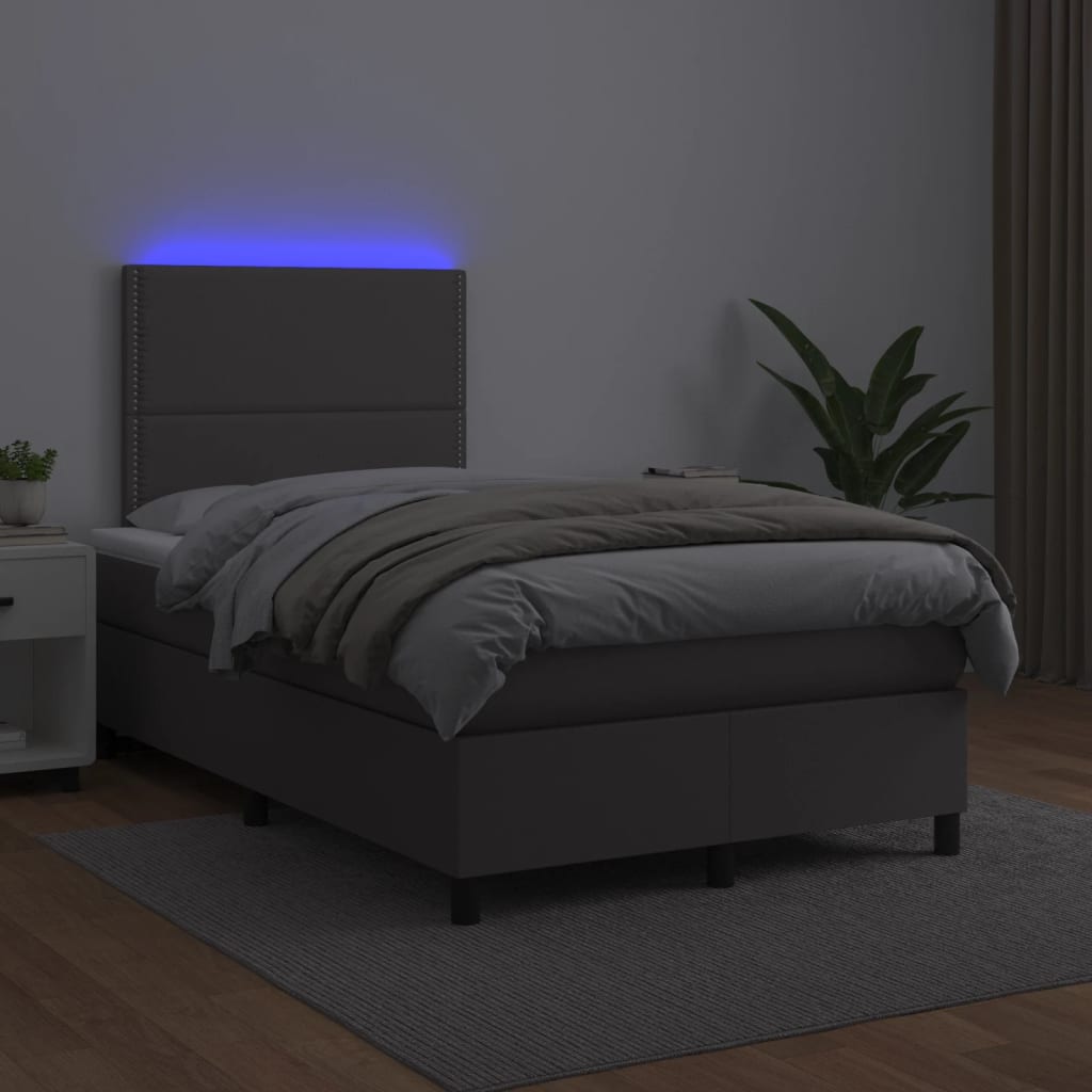 Cama box spring c/ colchão/LED 120x190cm couro artificial cinza