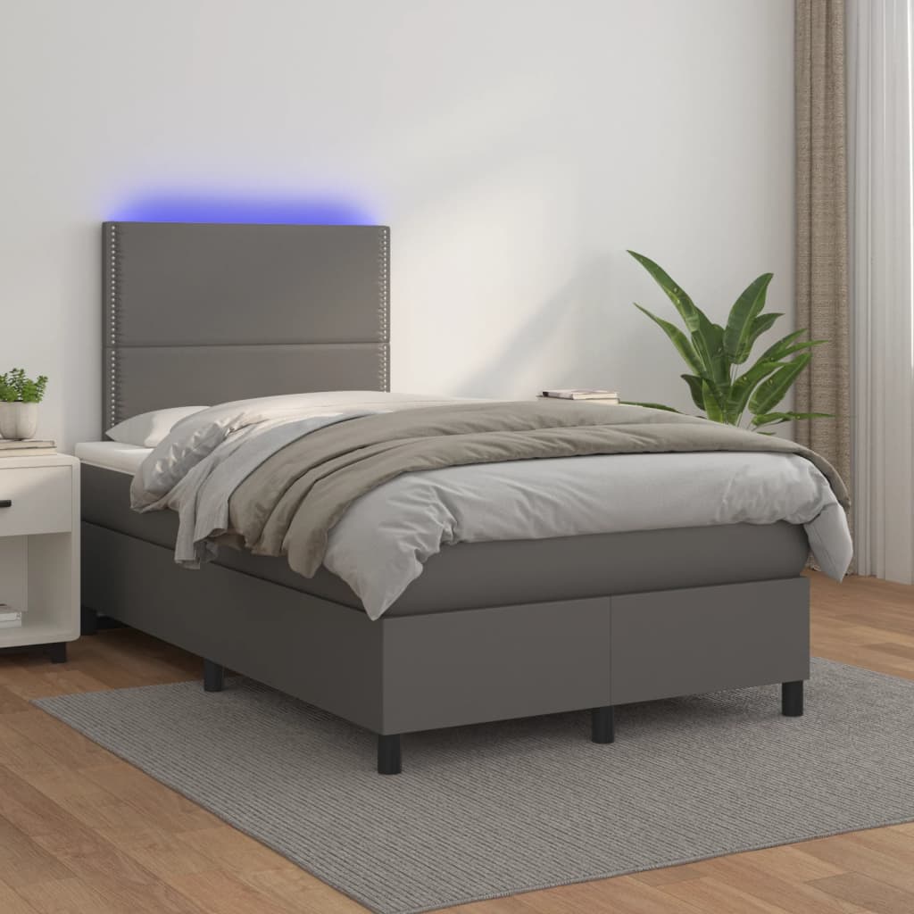 Cama box spring c/ colchão/LED 120x190cm couro artificial cinza