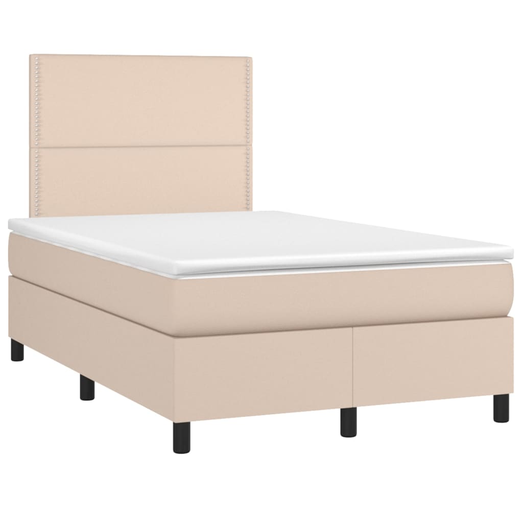 Cama box spring c/colchão/LED 120x190cm couro artif. cappuccino