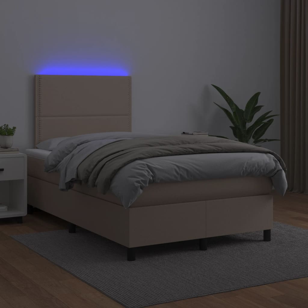 Cama box spring c/colchão/LED 120x190cm couro artif. cappuccino