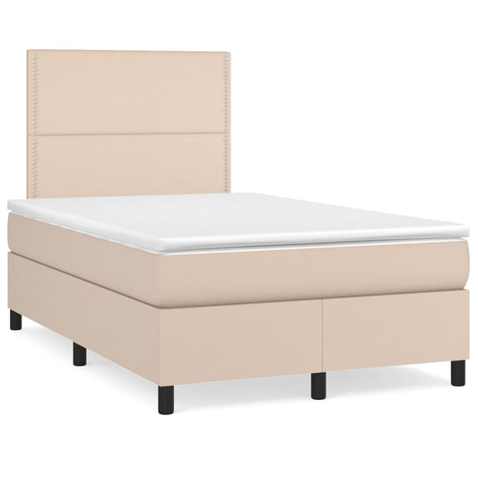 Cama box spring c/colchão/LED 120x190cm couro artif. cappuccino