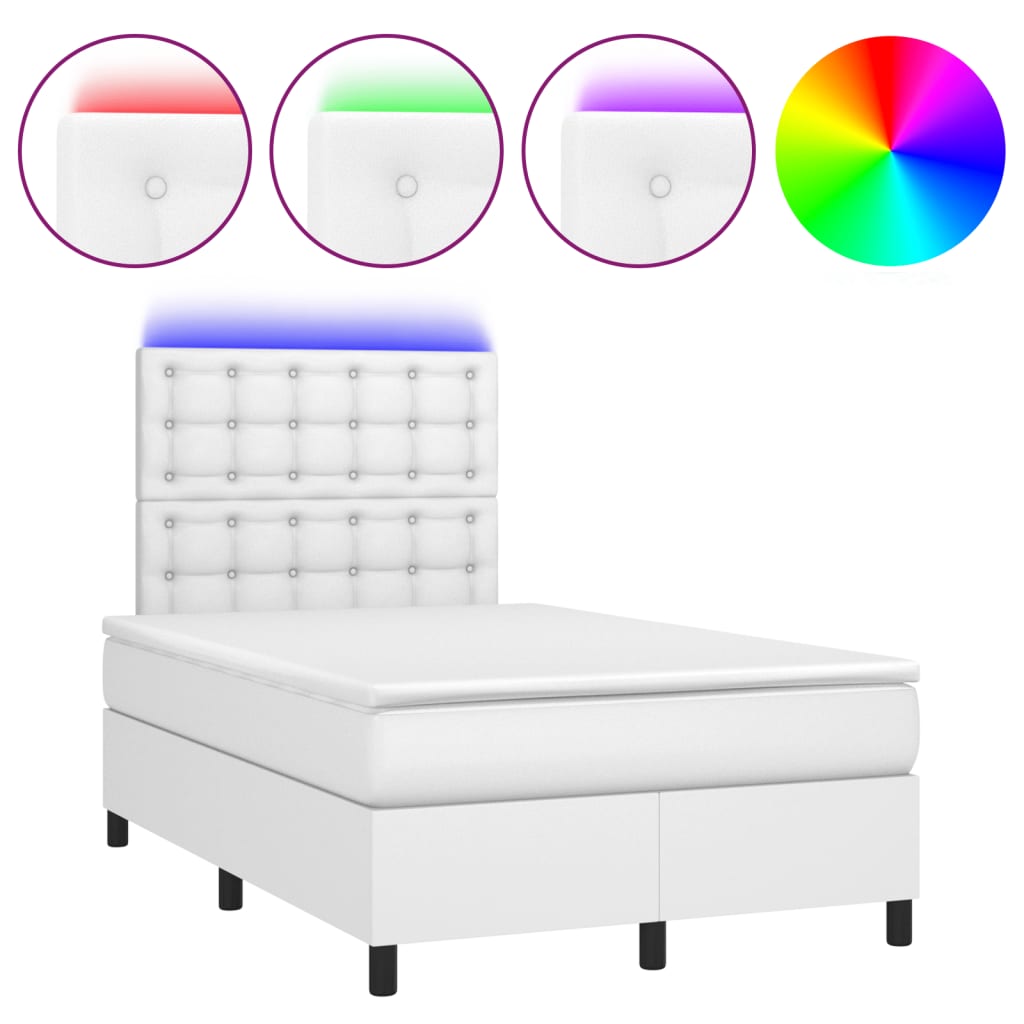 Cama box spring c/colchão/LED 120x190cm couro artificial branco