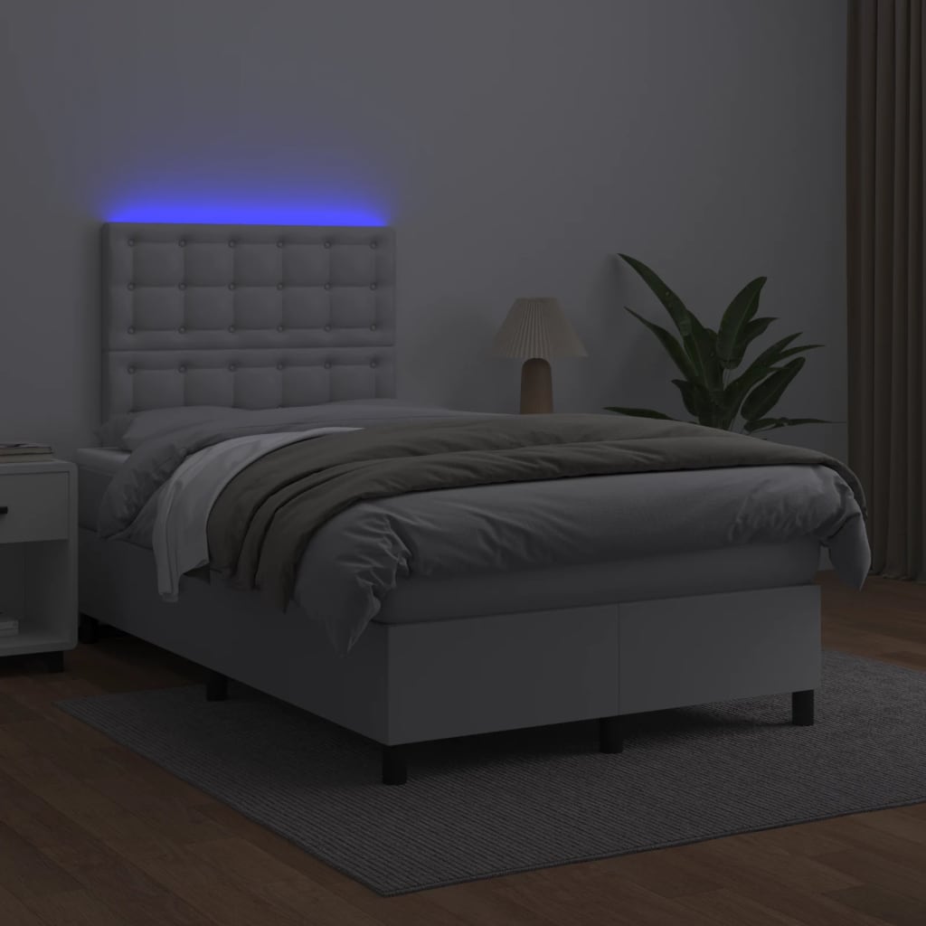 Cama box spring c/colchão/LED 120x190cm couro artificial branco