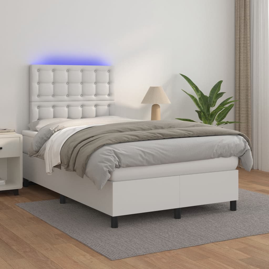 Cama box spring c/colchão/LED 120x190cm couro artificial branco