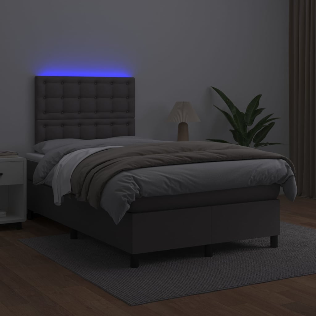 Cama box spring c/ colchão/LED 120x190cm couro artificial cinza