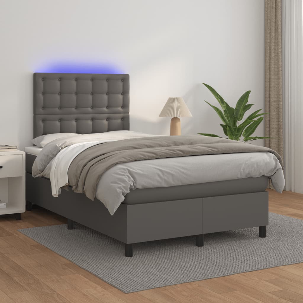 Cama box spring c/ colchão/LED 120x190cm couro artificial cinza