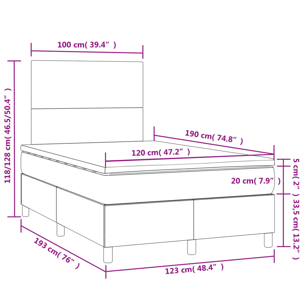 Cama box spring colchão LED 120x190 cm couro artif. cinza-claro