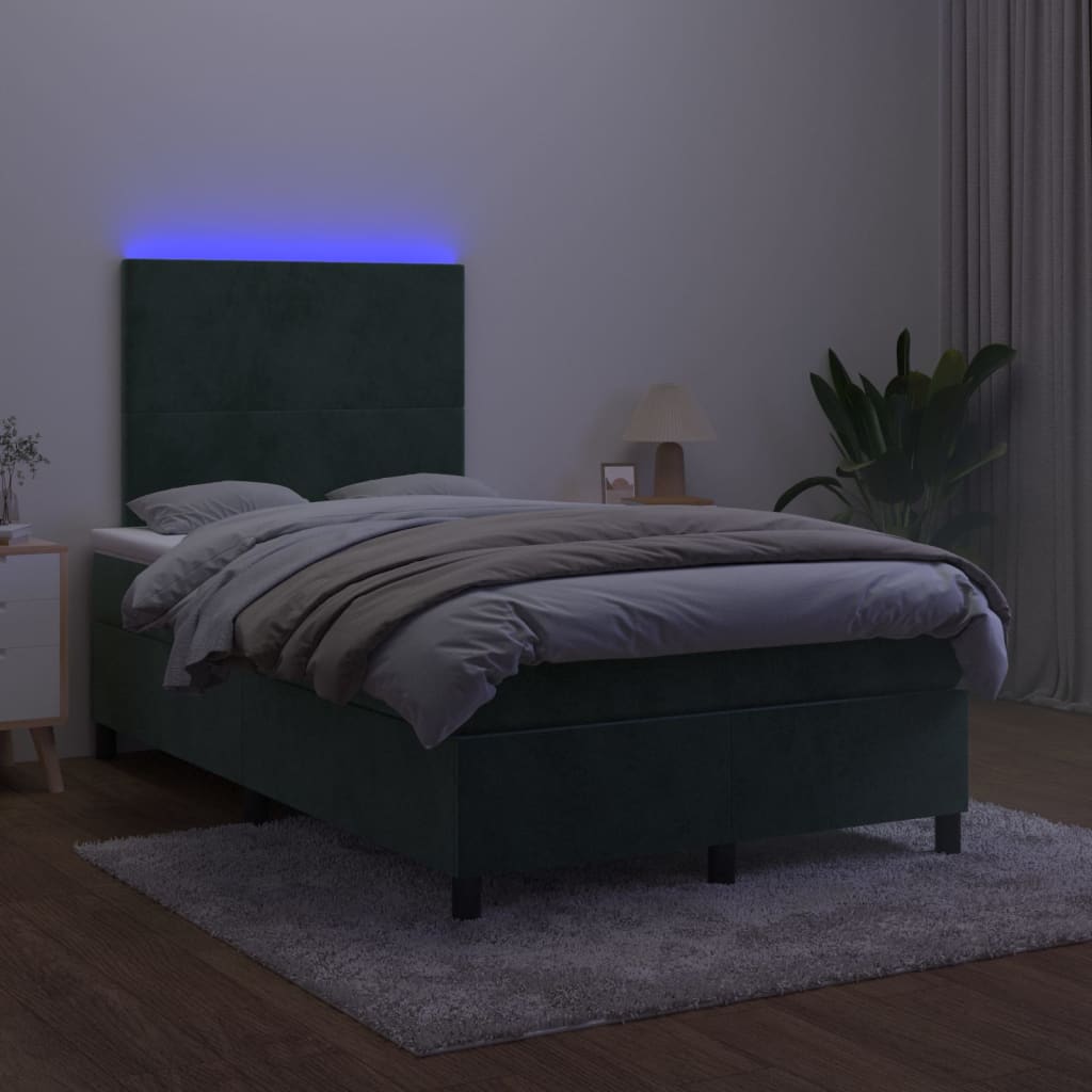 Cama box spring com colchão e luzes LED veludo verde-escuro