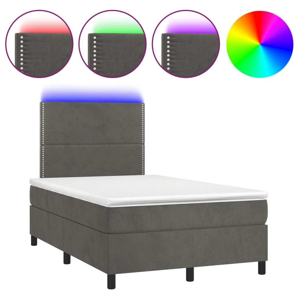 Cama box spring colchão LED 120x190cm couro artif. cinza-escuro