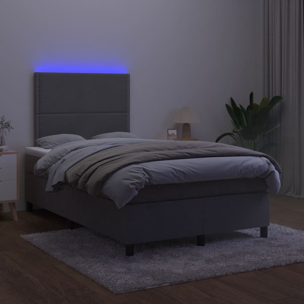 Cama box spring colchão LED 120x190cm couro artif. cinza-escuro