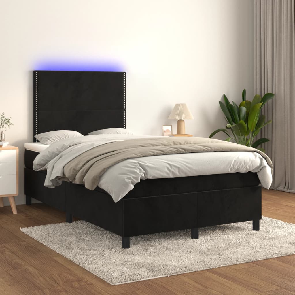 Cama box spring c/ colchão e LED 120x190 cm couro artif. preto