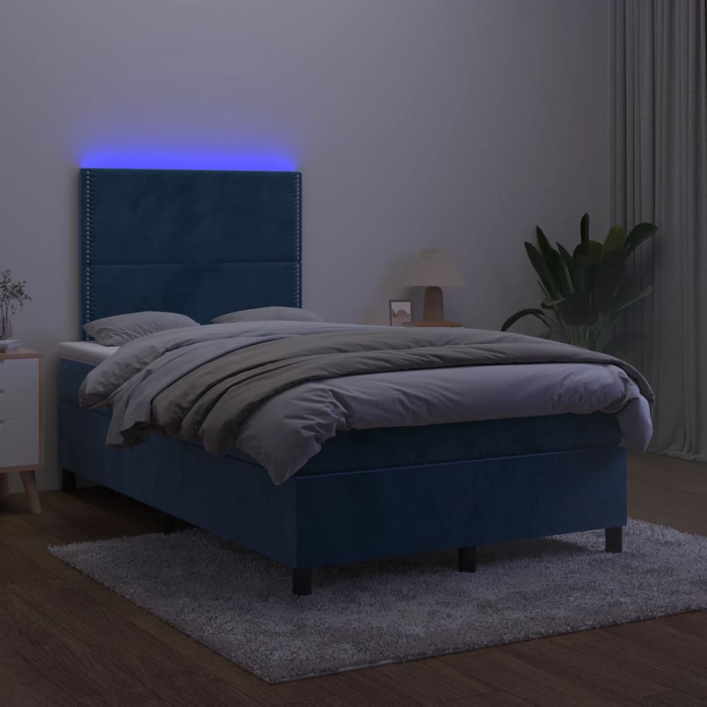 Cama box spring colchão LED 120x190cm couro artif. azul-escuro